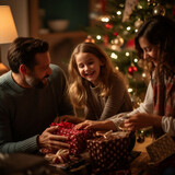 Fototapeta  - Rodzice z córką rozpakowujący świąteczne prezenty przy choince