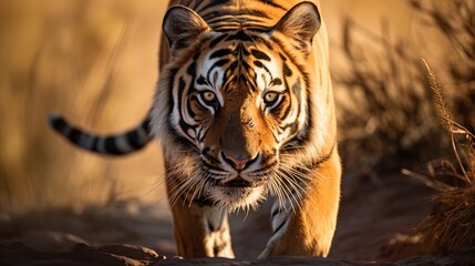  Amidst Midday Illumination, a Tiger Surfaces through a Flap Exhibiting Graceful Power Each Stride