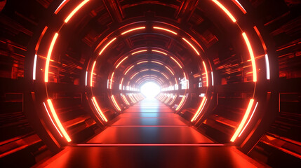 Wall Mural - Futuristic Cyberpunk Neon light space tunnel, modern high technology, science fantasy, glowing cosmic in a orange mood 