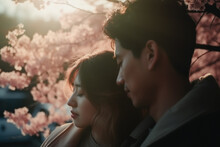 Generative AI Image Of Romantic Japanese Couple Embracing Under Cherry Blossoms At Dusk
