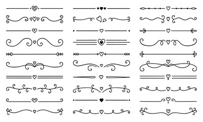 Wall Mural - Text dividers with hearts doodle set. Wedding decorative elements. Divider ornament, borders, lines. Hand drawn vector illustration isolated on white background