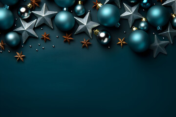 Wall Mural - christmas flat lay mockup with navy blue balls, stars and star anise spice decoration on dark backgr