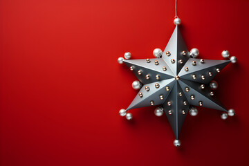 Wall Mural - christmas flat lay mockup with shining silver star decorated with pearls on red background with copy
