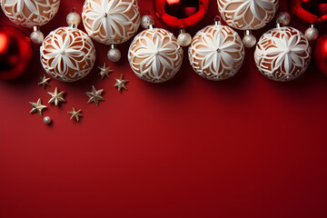 Wall Mural - christmas flat lay mockup with white balls and gold stars baubles decoration on red background with 