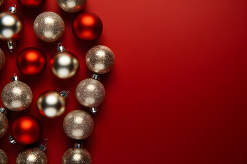 Wall Mural - christmas flat lay mockup with red and shining gold balls decoration on red background with copy spa