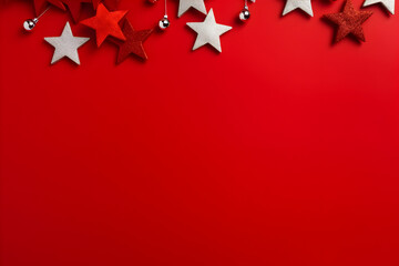 Wall Mural - christmas flat lay mockup with shining stars decoration on red background with copy space. top view 