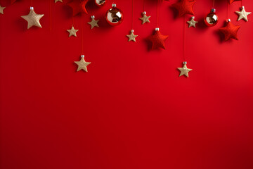 Wall Mural - christmas flat lay mockup with gold balls and stars decoration on red background with copy space. to