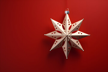 Wall Mural - christmas flat lay mockup with shining gold star decoration on red background with copy space. top v