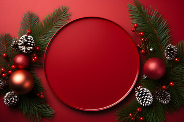 Wall Mural - christmas round blank plate mockup with pine tree branches and decoration on red background. top vie