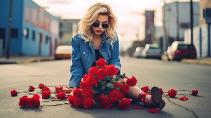 Poster - Portrait of young pretty female in white dress holding lilac flower and standing on the asphalt road Ai Generative