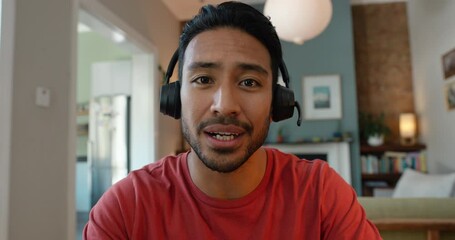 Poster - Man, face and video and call center for work from home, information and support or communication. Asian person in headphones, online meeting and listening for connection, advice or virtual contact