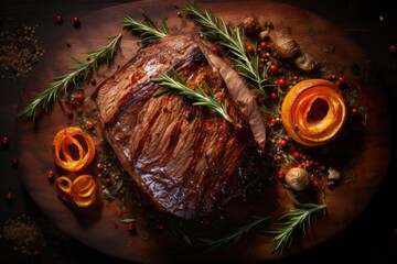 Wall Mural - The aesthetics of roasted meat, grilled, savory and hearty, steak, cooking menu, deep-fried in large chunks, hot and cold dish, unhealthy and delicious product tasty .