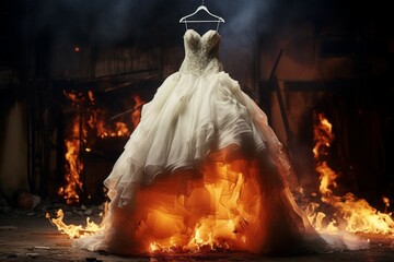 Wall Mural - Burning wedding dress in the flames of the fire. Background with selective focus and copy space