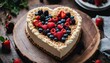 a rustic-inspired one-layer heart-shaped wedding cake, showcasing textured buttercream, a natural wood cake stand, and a scattering of fresh berries,