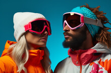 Fashionable ski couple posing. Magazine cover photo. Copy Space.