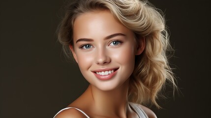 Canvas Print - Woman smiling while touching her flawless glowy skin with copy space for your advertisement, skincare Ai generative