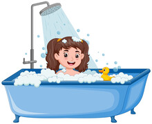 Little Girl Take A Bath In The Bathtub. Vector Illustration