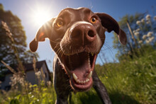 AI Generated Image Of Closeup Of Cute Playful German Short Haired Pointer Having Fun In A Meadow While Standing With Opened Mouth And Looking At Camera