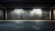 Blank concrete wall mockup in underground parking, empty space to display advertising. Dark old grungy warehouse, vintage garage. Concept of banner, logo, brand, background