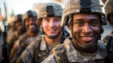 Fototapeta  - Smiling soldiers in ranks, faces of happy men in modern uniform. Portrait of group of military male close-up. Concept of war, US army, young people, team, camouflage