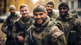 Fototapeta  - Happy soldiers with weapon pose for photo, smiling men in modern uniform. Portrait of group of military male close-up. Concept of war, US army, young people, team, camouflage