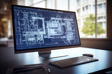 A high-definition computer screen displaying a digital construction blueprint in intricate detail. 