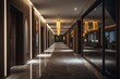 a contemporary hotel corridor with sleek, modern design elements, such as glass walls and minimalist decor, combined with soft, warm lighting for a luxurious and inviting feel.