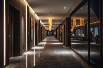 Wall Mural - a contemporary hotel corridor with sleek, modern design elements, such as glass walls and minimalist decor, combined with soft, warm lighting for a luxurious and inviting feel.