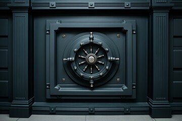 Wall Mural - Antique closed door of a weathered security safe box, featuring a front view of a robust bank vault