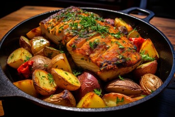Wall Mural - Savory and succulent fish, expertly roasted with a crispy golden crust, sizzling in a hot pan