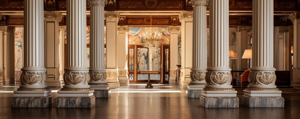 Wall Mural - a luxurious hotel lobby's focal point, capturing the intricate details of its design, including ornate columns, decorative art, and a lack of seating, creating an atmosphere of uncluttered refinement.