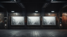 Blank Wall Billboards In Subway, Three Posters Mockup In Dark Grungy Corridor. Empty Banners For Advertising In Metro Hallway. Concept Of Station, Background, Underground, Grunge