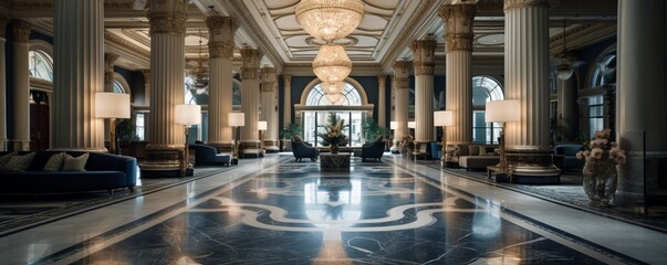 Wall Mural - a luxurious hotel lobby featuring grand architecture, exquisite decor, and a spacious, open layout devoid of seating.