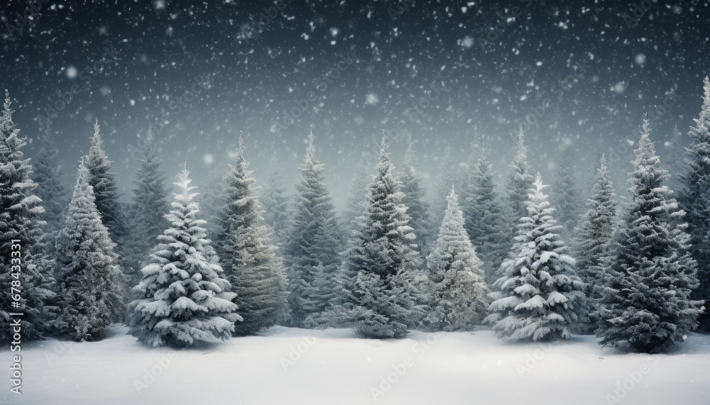 Enchanting winter panorama with glistening snow covered fir branches and delicate snowfall