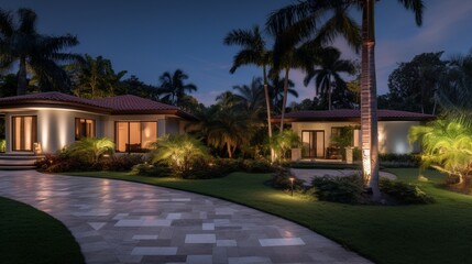 Wall Mural - a beautiful house with a spacious front yard and a well-lit walkway, captured during both day and night.