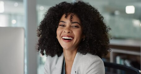 Poster - Business, woman and face with smile in office, confident and positive attitude for startup audit work. Employee, professional and portrait of entrepreneur and happy or ready for career in accounting