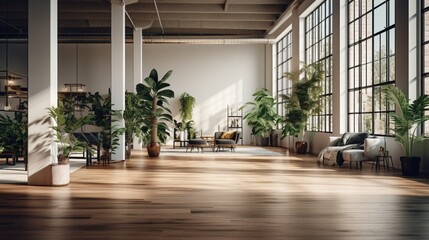 Wall Mural - the spacious interior of a modern contemporary loft with a wooden floor adorned with potted plants. The image conveys the serene and high-quality ambiance of the room.