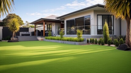 the front yard of a modern Australian house with a contemporary lawn turf featuring artificial grass and clean wooden edging for boundary decoration.