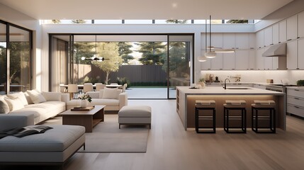 Wall Mural - A modern minimalist home interior design with clean lines, sleek furniture, and neutral color palette, featuring an open-concept living space connected to a spacious kitchen, bathed in natural light