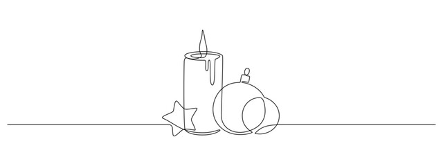 Poster - One continuous line drawing of Christmas greeting card. Festive balls and baubles and stars for winter holiday card in simple linear style. Xmas decor in editable stroke. Doodle vector illustration