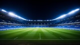 Fototapeta Londyn - Empty soccer stadium at night with mesmerizing white and blue illumination on the professional field