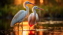 Two Herons Stand In A Lake At Sunset