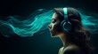 A Woman Listening to Headphones While Blue Waves of Energy Emerge From Her Mind Background