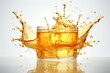 Luscious and golden single splash of honey suspended mid air, isolated on pure white background