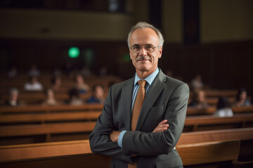 A male university professor in a lecture hall, standing at the lectern and engaging with the camera, professional photography