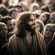 A solemn and powerful image of Jesus standing tall with wisdom and purpose amid a reverent and spiritual atmosphere.