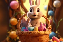 Colorful Anime-style Easter Bunny Holding Another Bunny, Sitting In A Basket With Easter Eggs. Generative AI