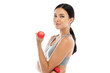 © Art_Photo - Portrait of sport slim fit strength woman workout in sportswear sitting relax and do fitness exercise with dumbbell on white background.Diet concept.Fitness and healthy lifestyle