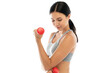 © Art_Photo - Portrait of sport slim fit strength woman workout in sportswear sitting relax and do fitness exercise with dumbbell on white background.Diet concept.Fitness and healthy lifestyle