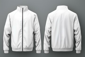Wall Mural - Blank white jacket mockup on grey background, front and back view